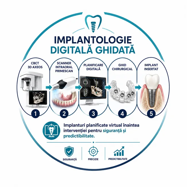 Schema fluxului de implantologie digitală ghidată la Denti Service Bacău — CBCT AXEOS, scanare intraorală Primescan, planificare digitală 3D, ghid chirurgical și inserția implantului
