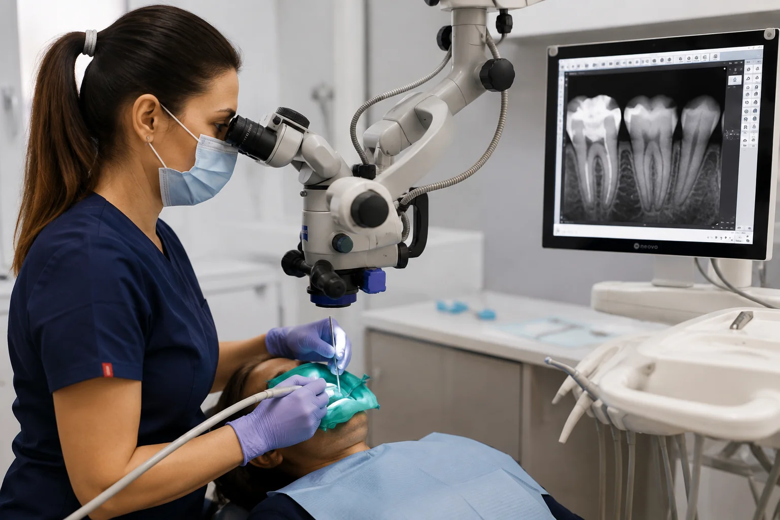 Imagine ilustrativă — tratament endodontic realizat cu ajutorul microscopului și al investigațiilor radiologice, incluzând radiografia unui molar cu tratament de canal