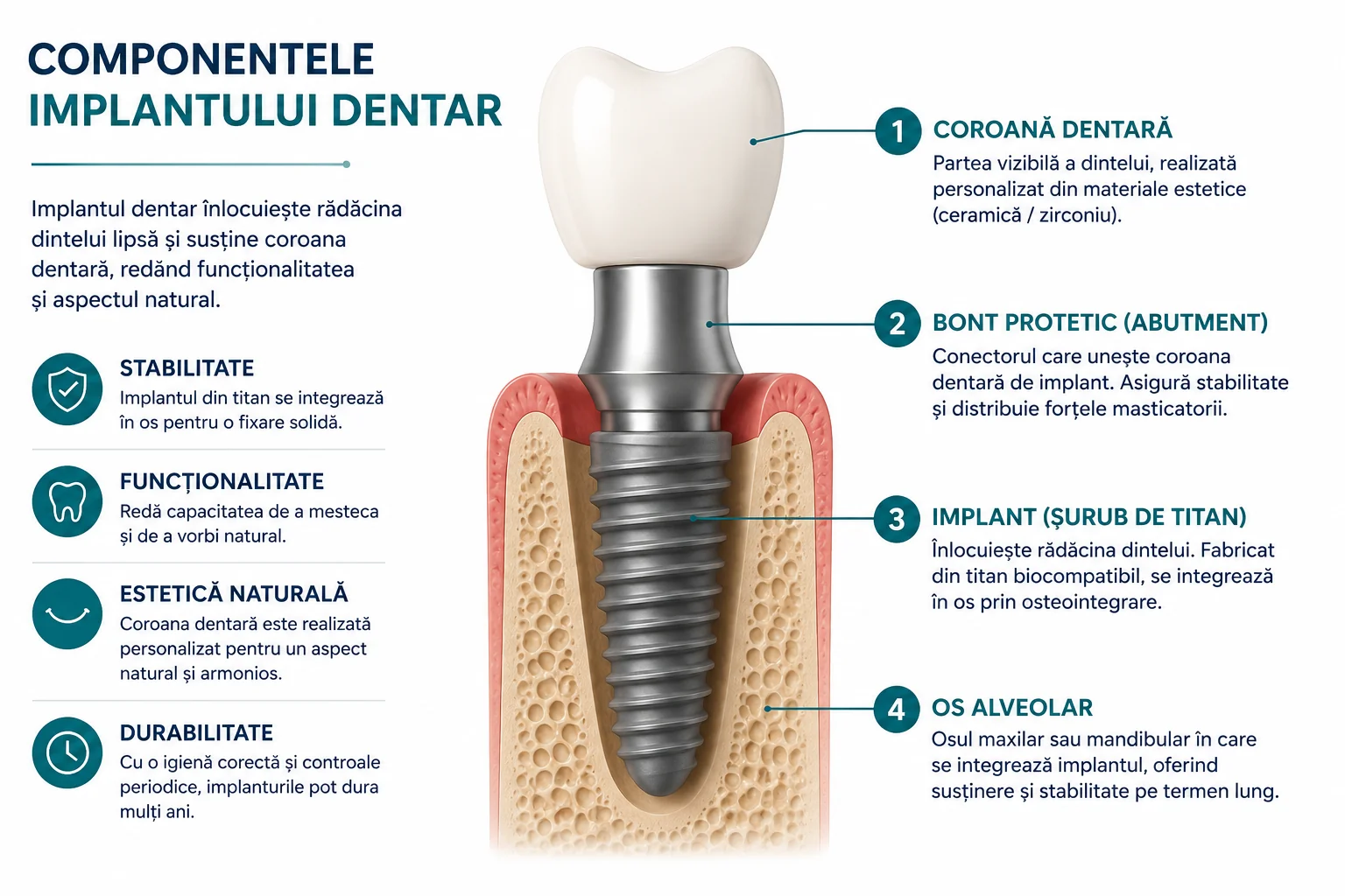 Componentele implantului dentar — coroană dentară, bont protetic (abutment), implant șurub de titan și os alveolar — schemă infografică Denti Service