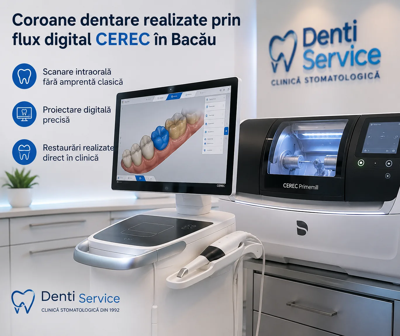 Coroane dentare realizate prin flux digital CEREC în Bacău — scanare intraorală, proiectare digitală și restaurare în clinică la Denti Service