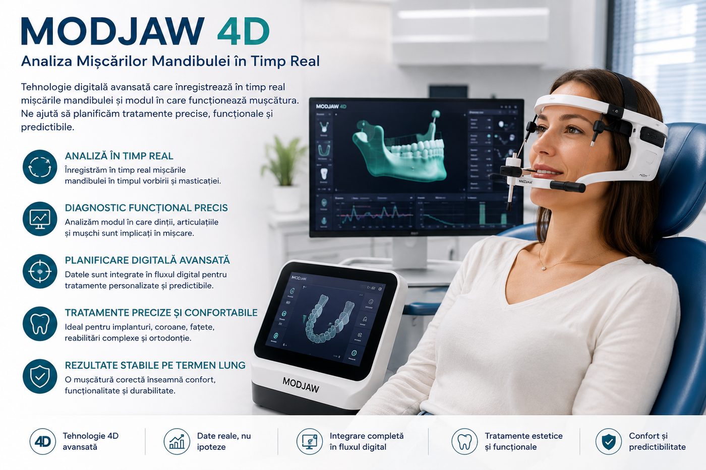 Analiză MODJAW 4D la Denti Service Bacău cu pacient și monitor pentru mișcările mandibulei